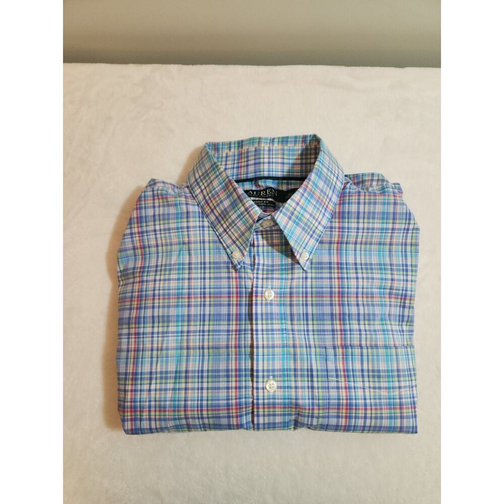 Lauren Ralph Lauren Shirt Mens Large 16.5 32 33 Blue Madras Plaid Long Sleeve
